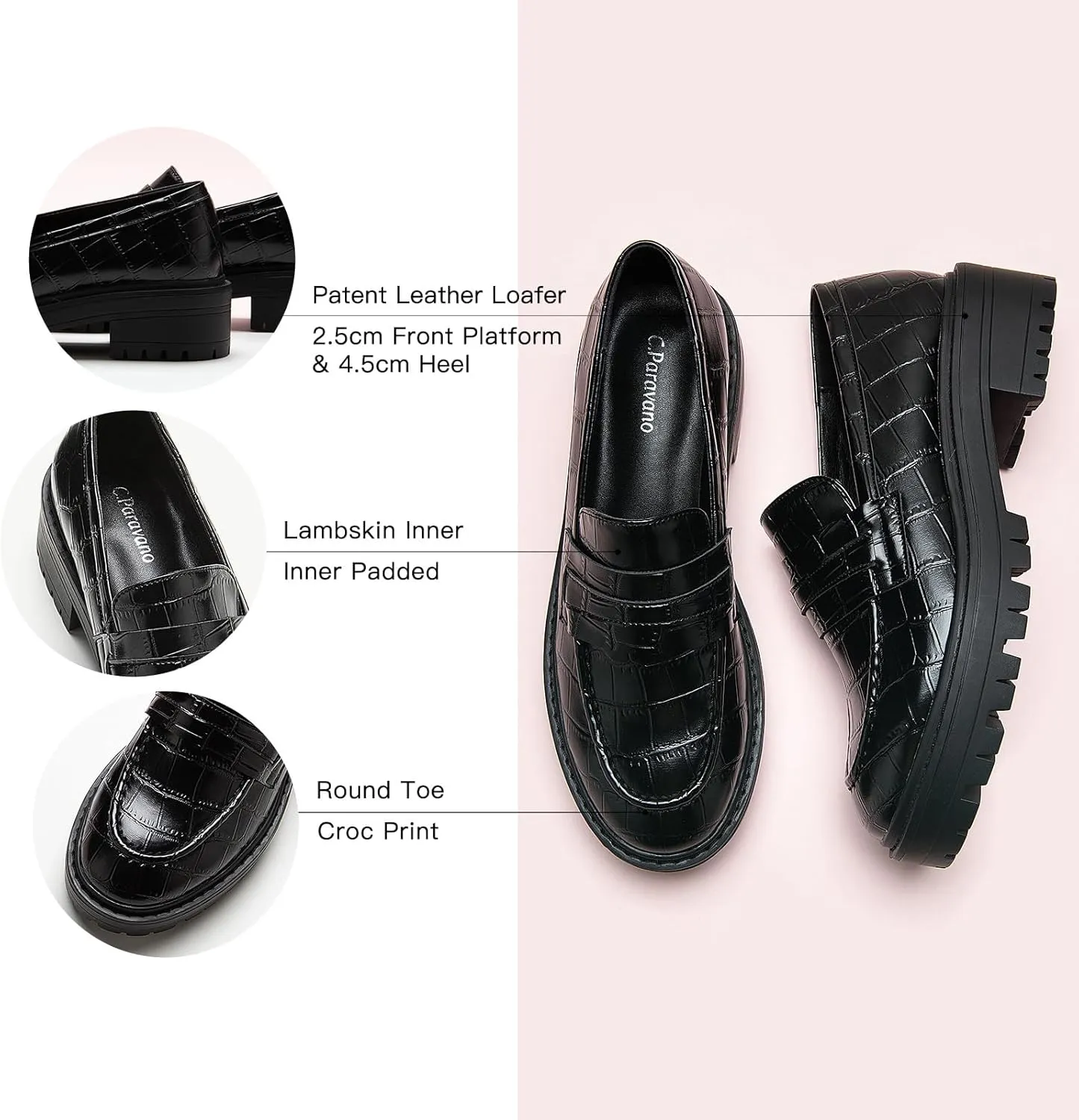 C.Paravano Chunky Loafers for Women: Comfortable Platform Loafers with Lug Sole in Black, Exquisite Print