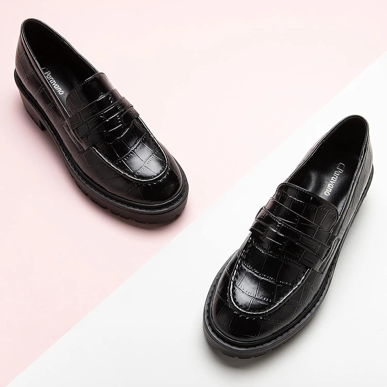 C.Paravano Chunky Loafers for Women: Comfortable Platform Loafers with Lug Sole in Black, Exquisite Print