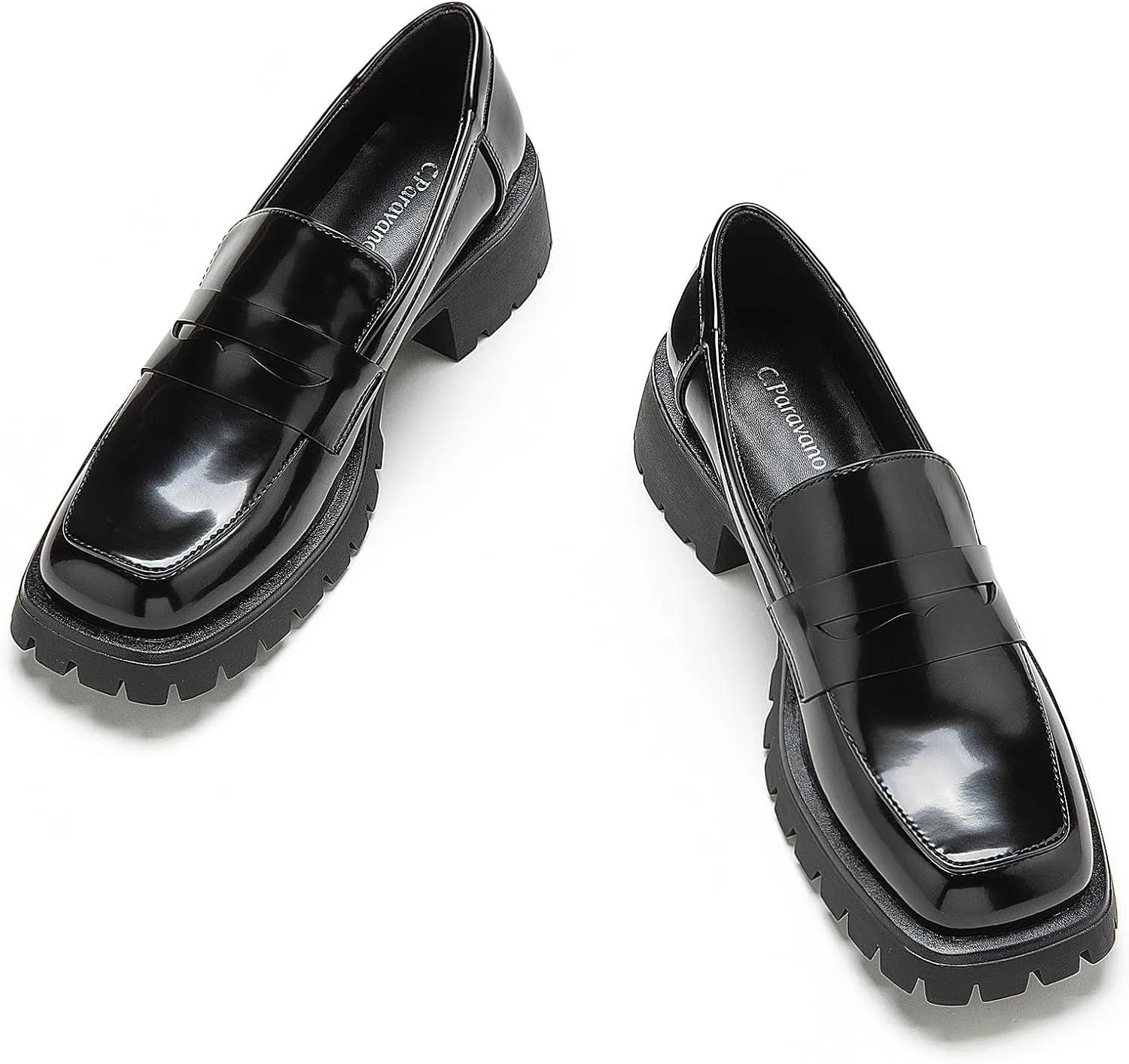 C.Paravano Chunky Loafers for Women: Comfortable Platform Loafers with Lug Sole in Black, Exquisite Print