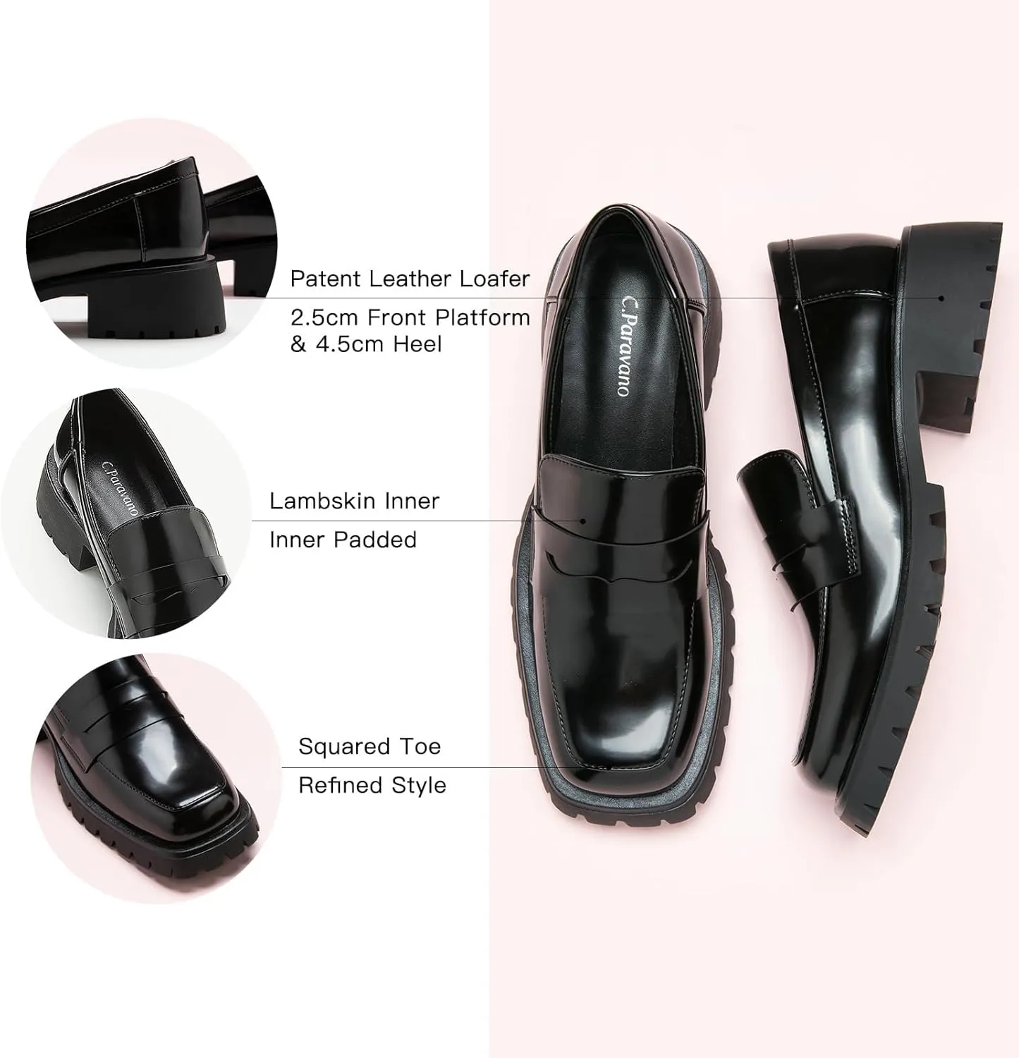 C.Paravano Chunky Loafers for Women: Comfortable Platform Loafers with Lug Sole in Black, Exquisite Print