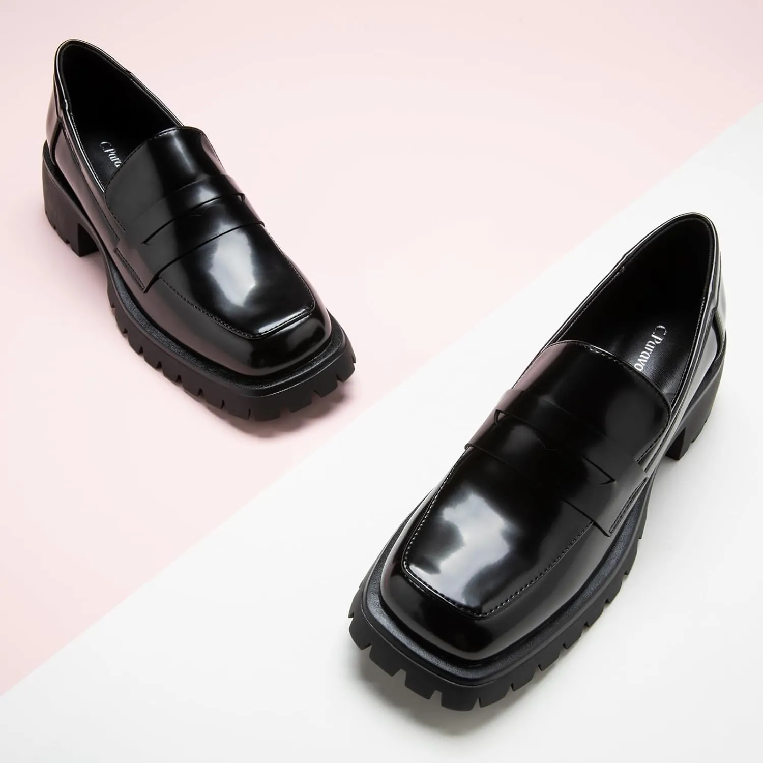 C.Paravano Chunky Loafers for Women: Comfortable Platform Loafers with Lug Sole in Black, Exquisite Print