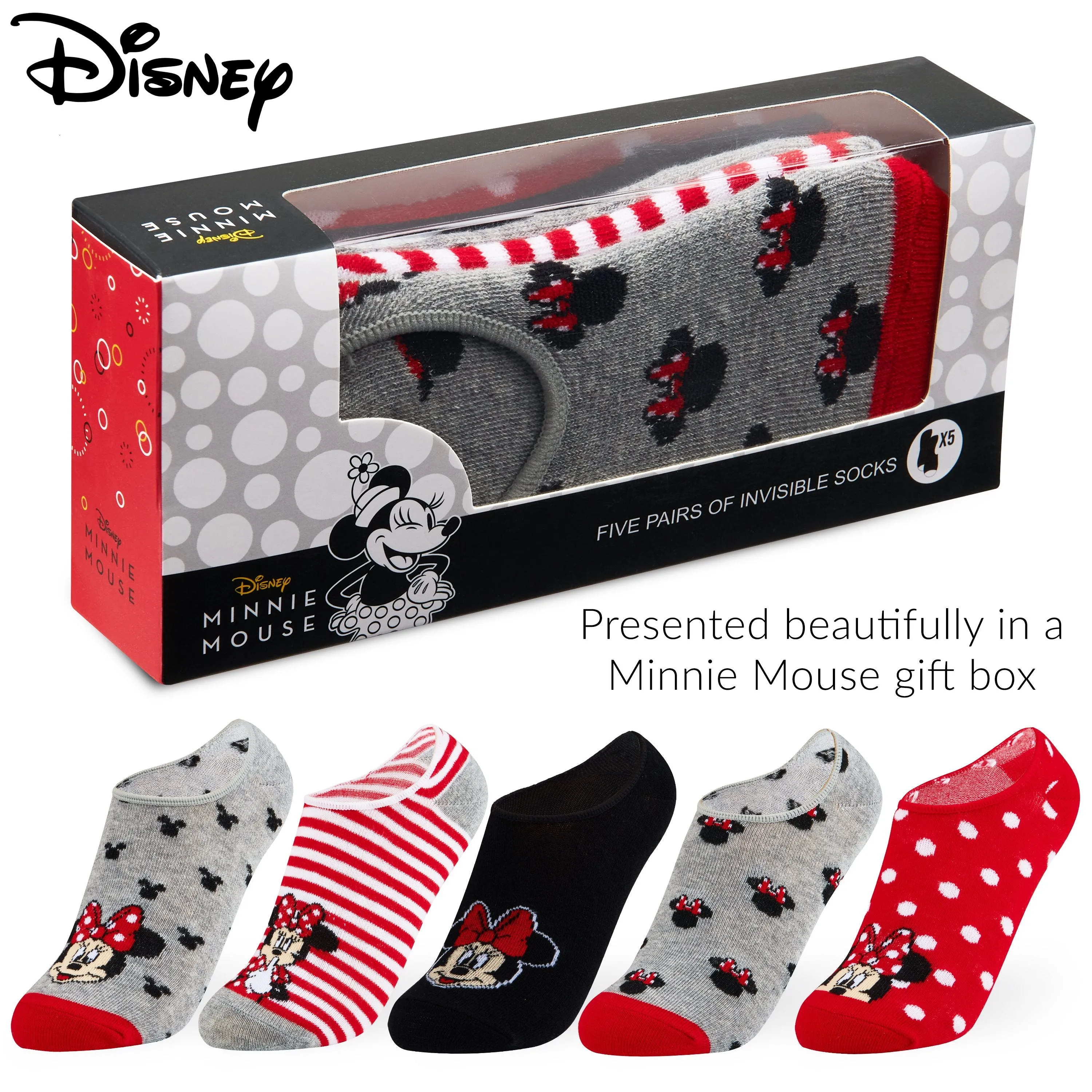 Disney Invisible Girls Socks Pack of 5, Minnie Mouse Low Cut Socks for Kids